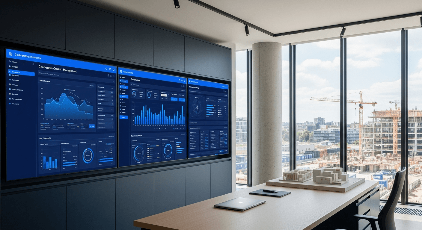 Construction contract management software dashboard in a modern office overlooking a construction site