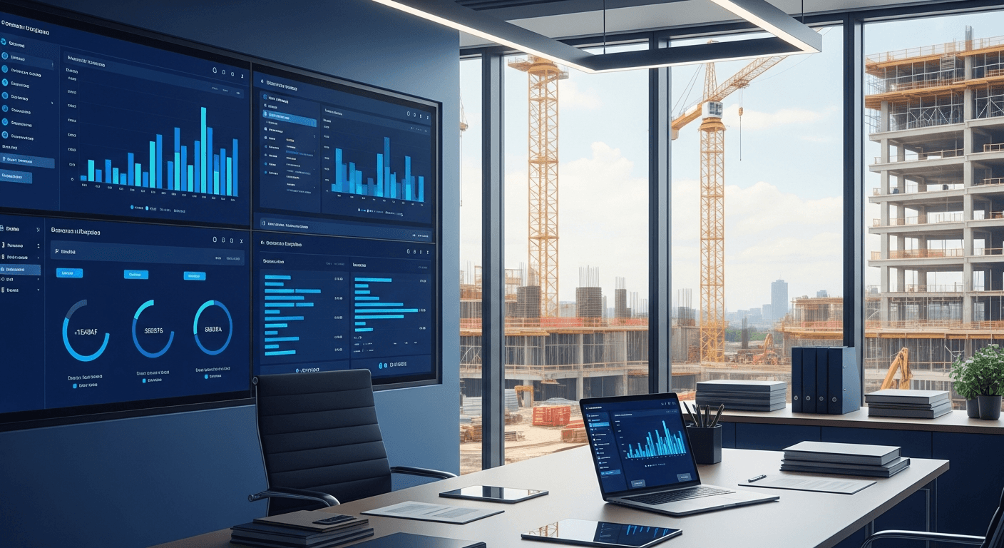 Construction contract risk management dashboard overlooking a construction site